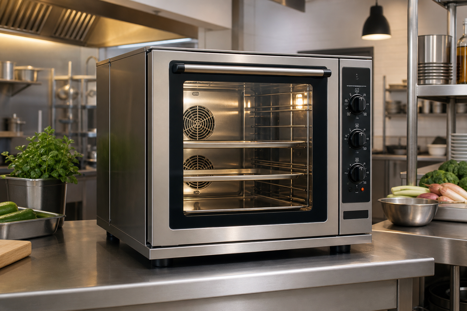 Commercial convection oven in a stainless steel restaurant kitchen