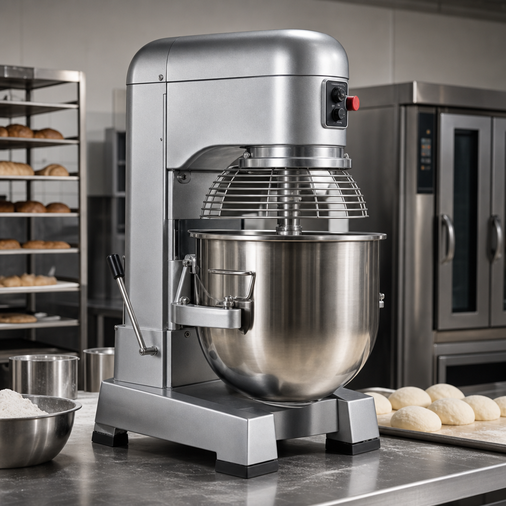 Heavy-duty silver planetary mixer with stainless steel bowl