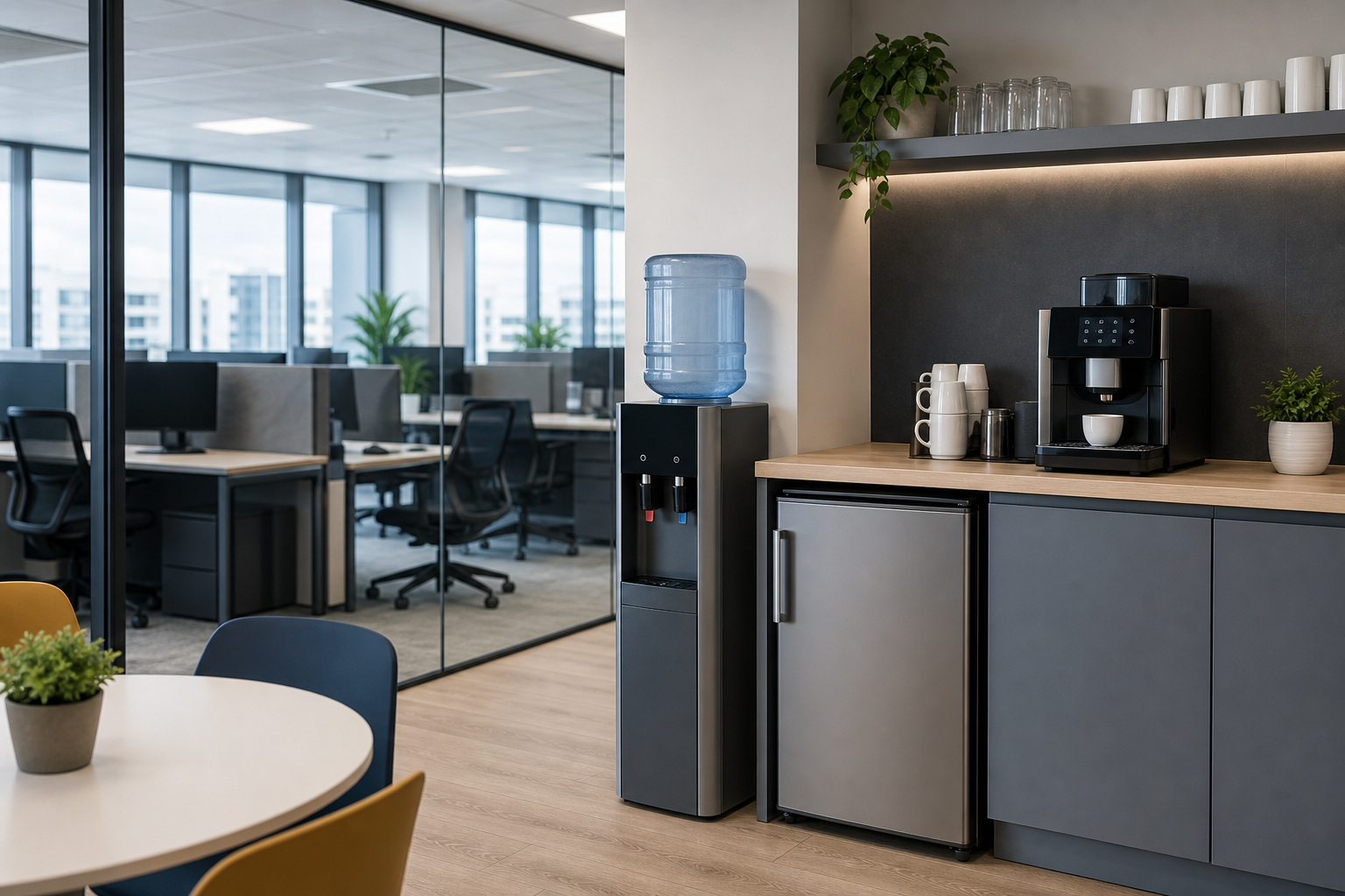 Commercial office pantry installation with compact appliances in a modern workspace