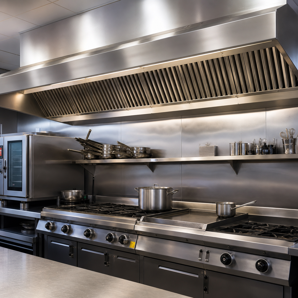 Wide stainless steel commercial kitchen ventilation hood mounted above cookline