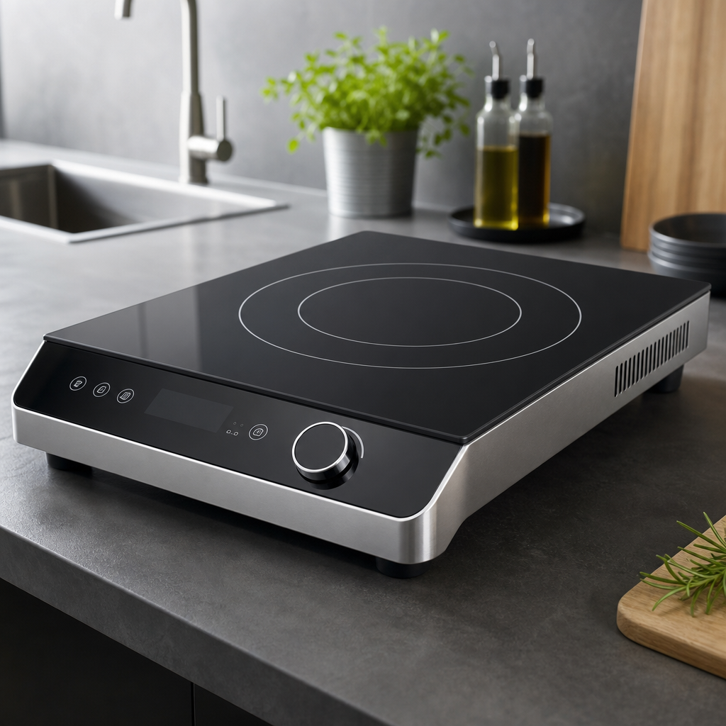 Modern electric induction cooker with black ceramic top and stainless body