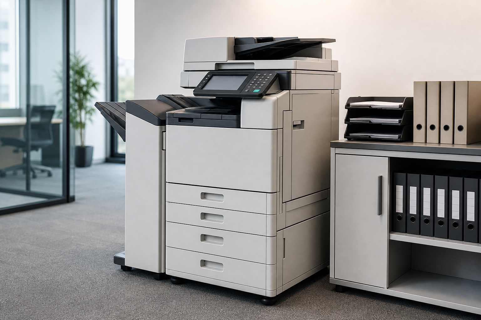 Freestanding office copier beside filing cabinets in a corporate environment