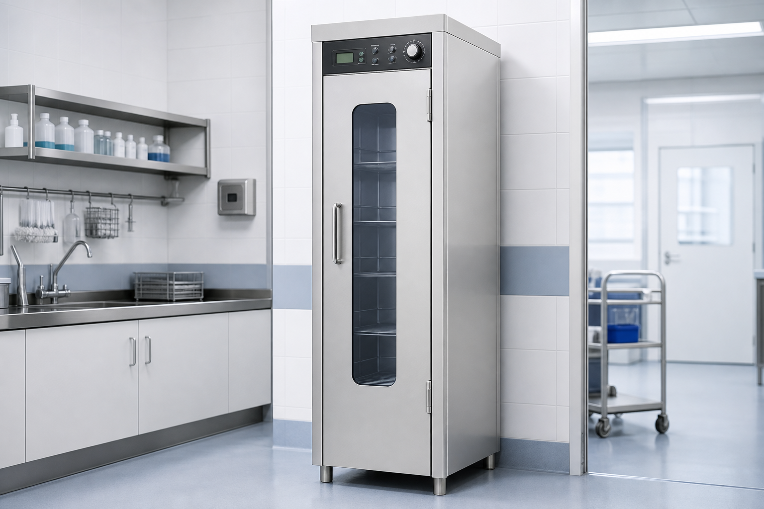 Metal disinfection cabinet in a clinical supply preparation room