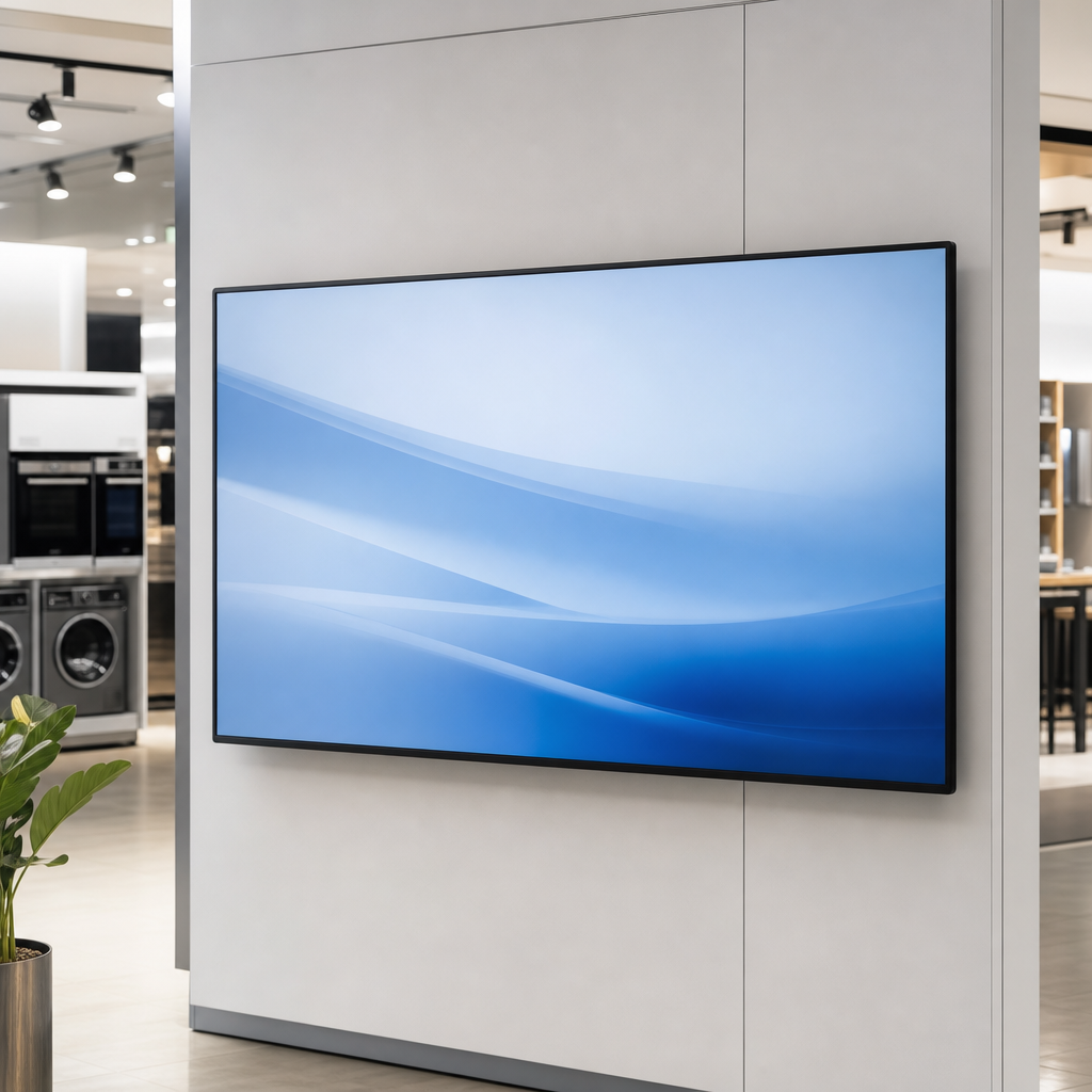 Professional digital display screen mounted in a bright commercial environment