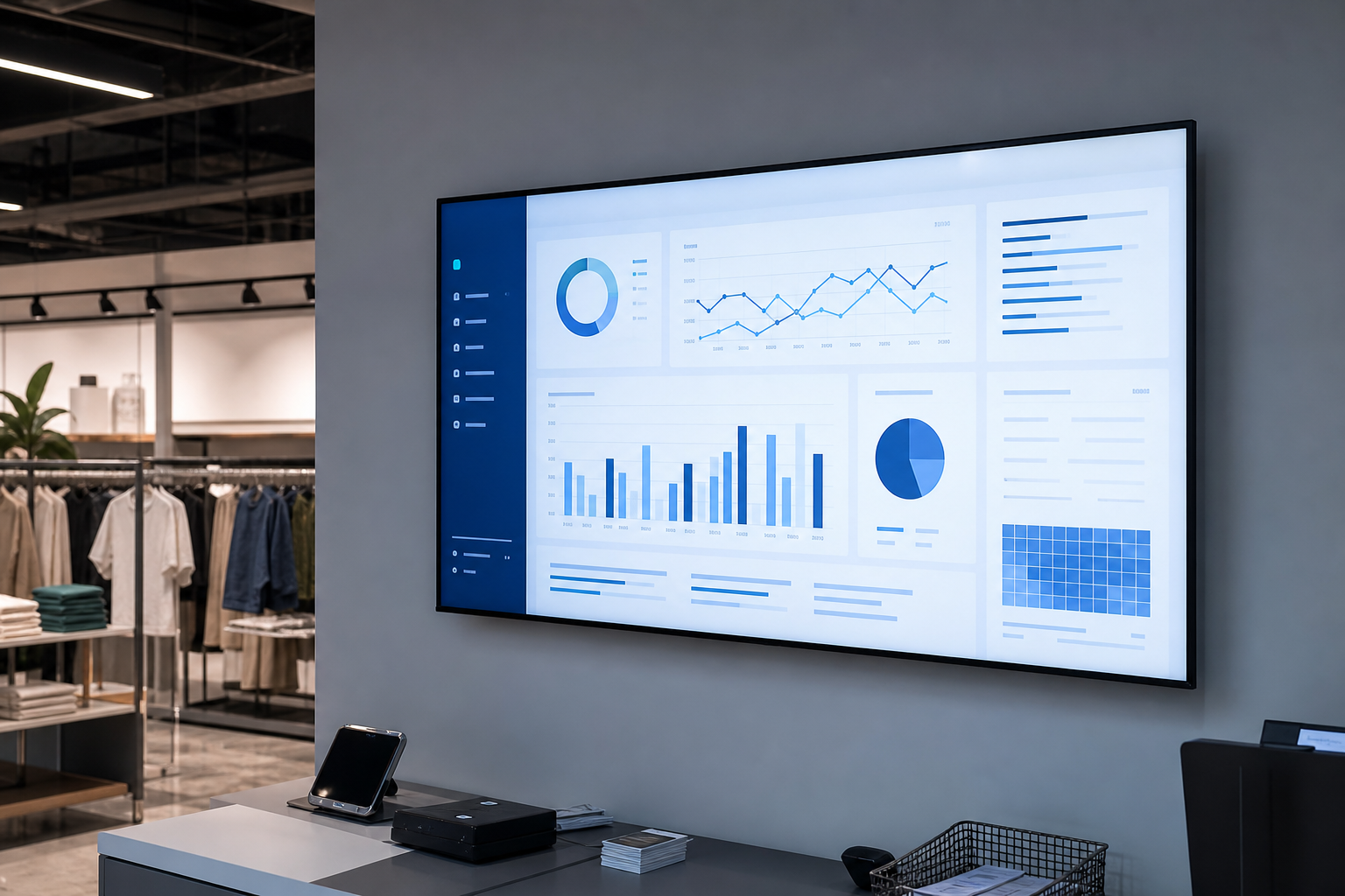 Commercial display screen mounted in a modern retail control area