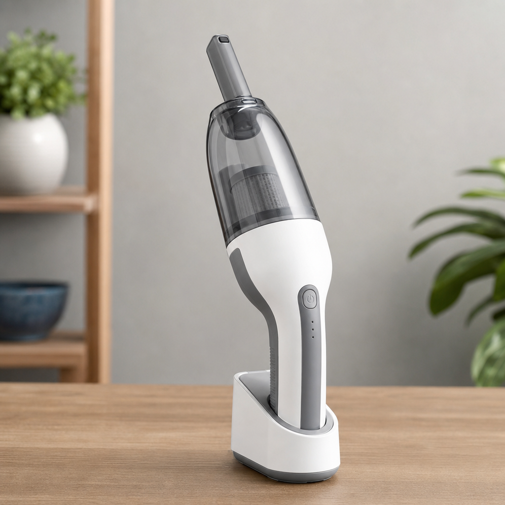 Compact handheld dust remover with rechargeable base and slim nozzle attachment