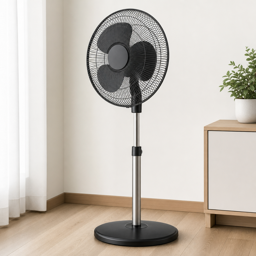 Tall oscillating pedestal electric fan with black blades and silver stand