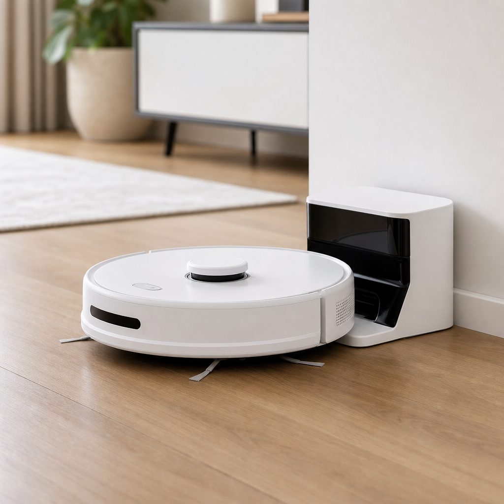 Round robotic floor cleaner in matte white docked beside charging station