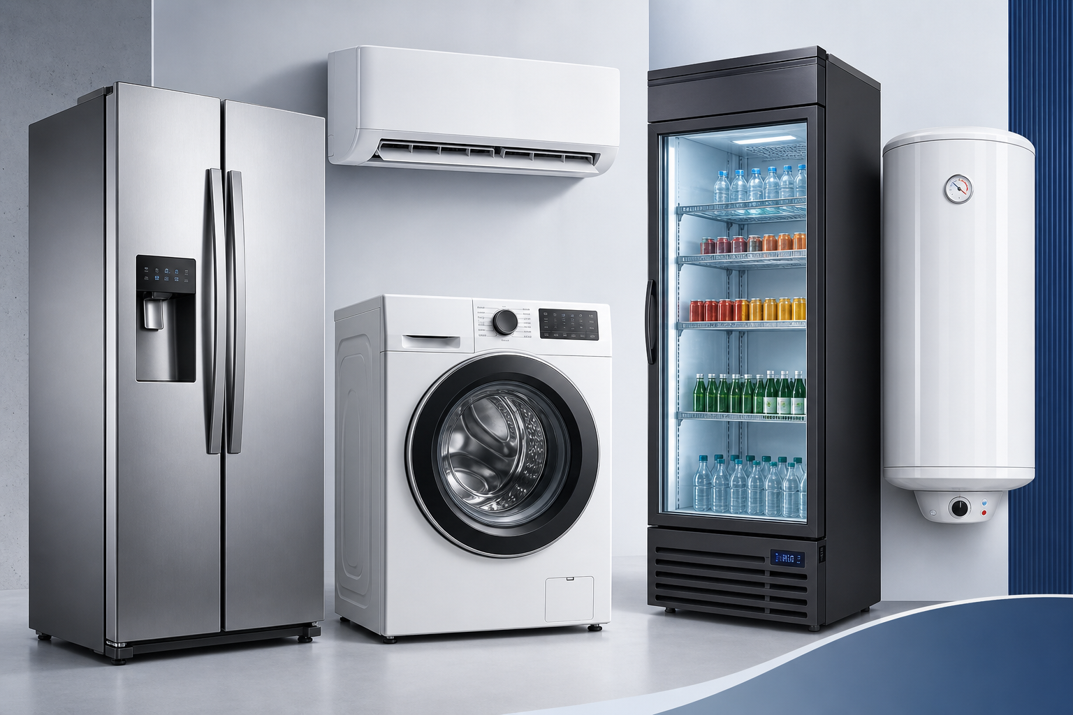 Realistic collage of refrigeration, air conditioning, washing, display, and water appliances for B2B supply
