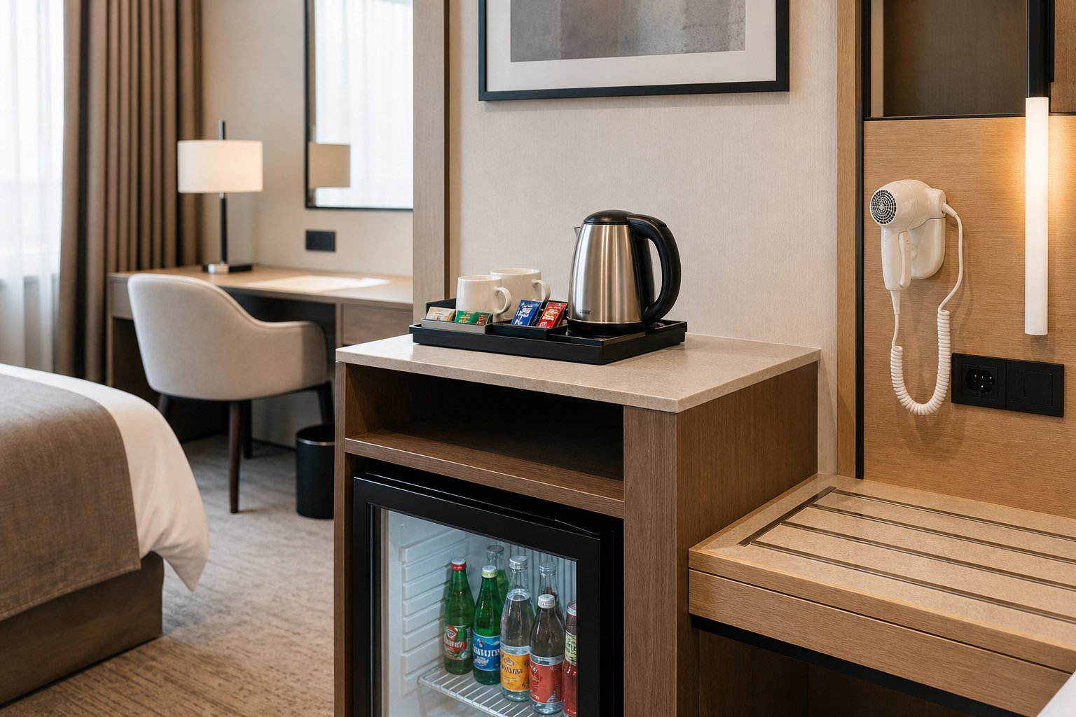 Hotel and hospitality room setup with coordinated guest appliances and minibar units