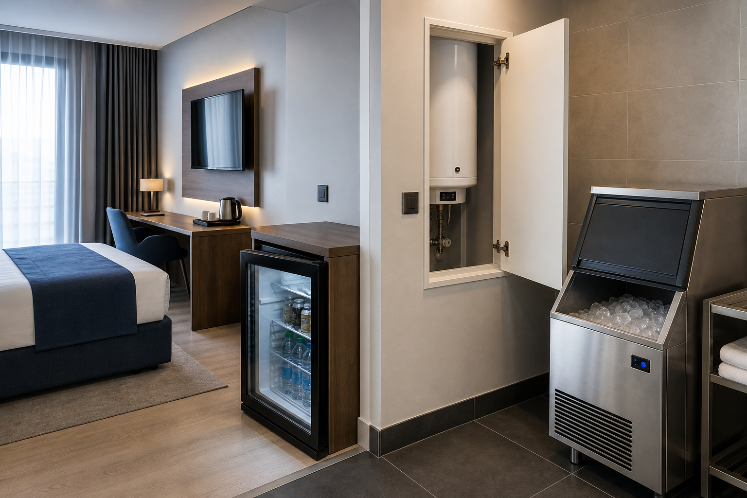 Hospitality setting with practical electric appliances for guest rooms and back-of-house service areas