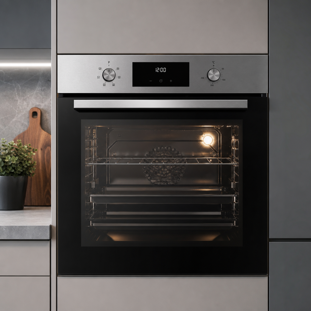 Built-in stainless steel electric oven with glass door and modern controls