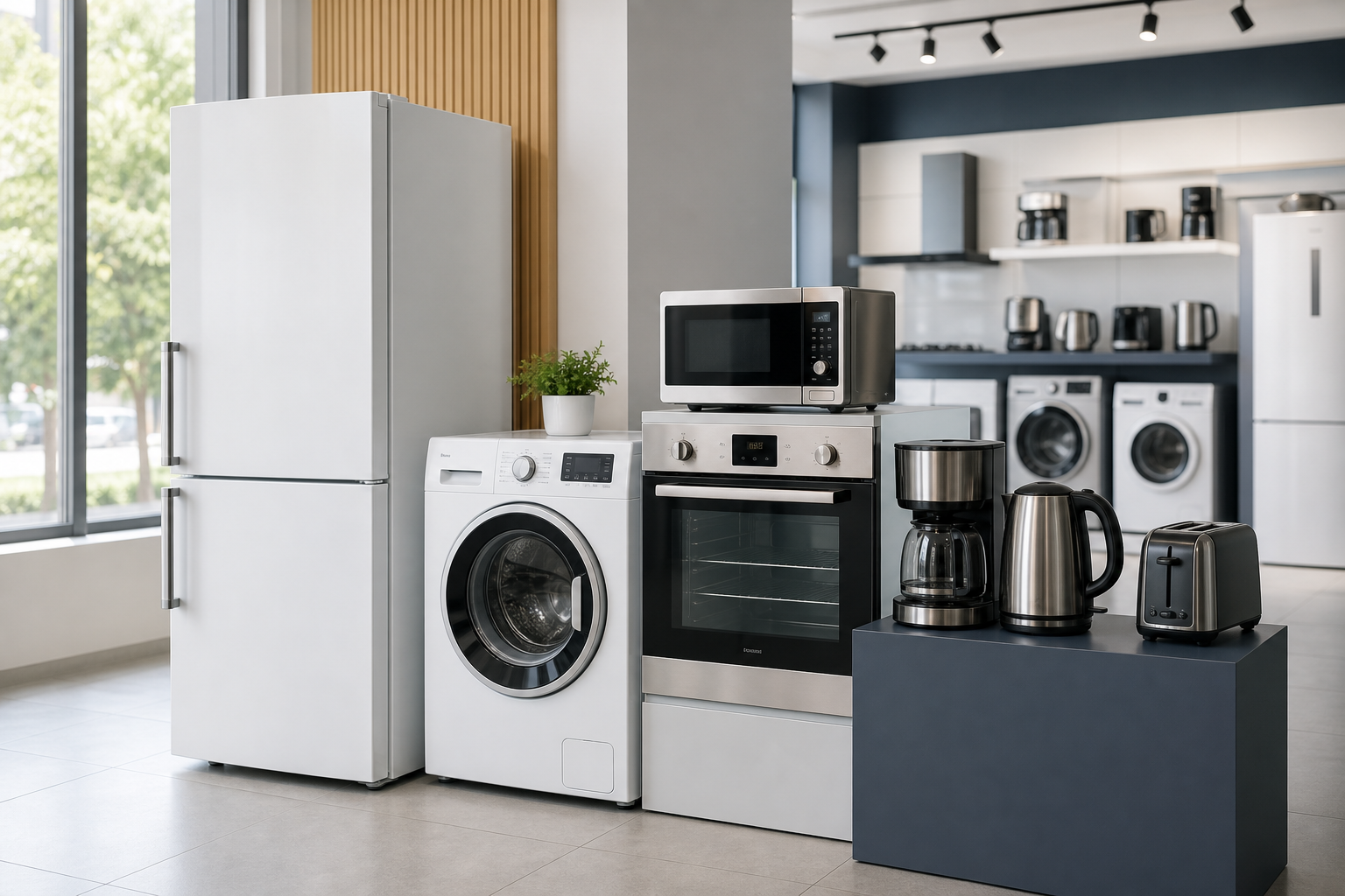 Realistic arrangement of household appliances including a refrigerator, washing machine, oven, and small kitchen appliances in a modern showroom