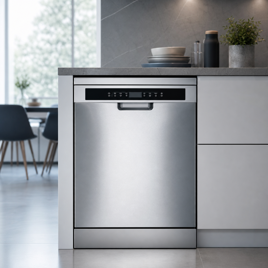Slim stainless steel front-loading dishwasher appliance with control strip