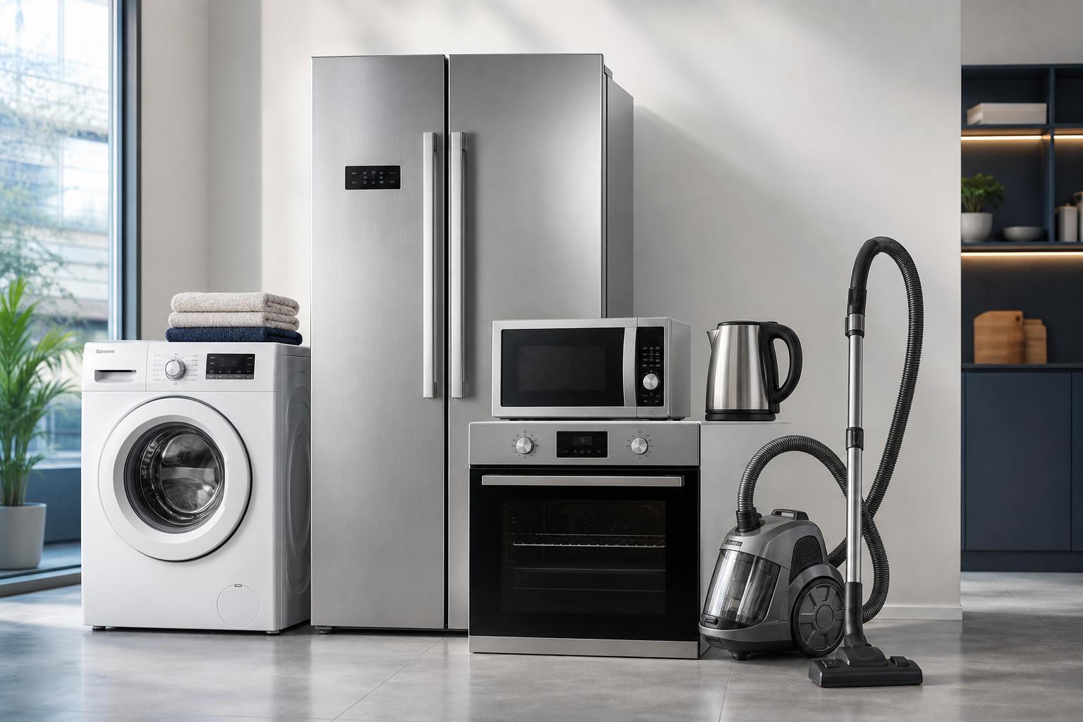 Realistic household appliance collage with a stainless steel refrigerator, front-load washing machine, built-in oven, microwave, kettle, and vacuum cleaner in a clean showroom setting