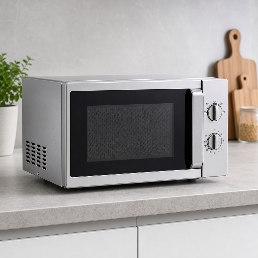 Compact silver countertop microwave oven with black glass front