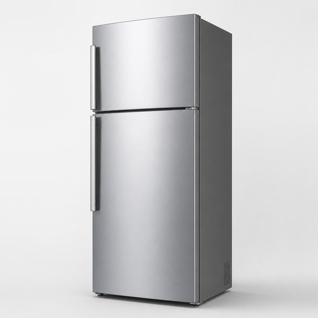 Tall stainless steel two-door household refrigerator in a clean studio setting