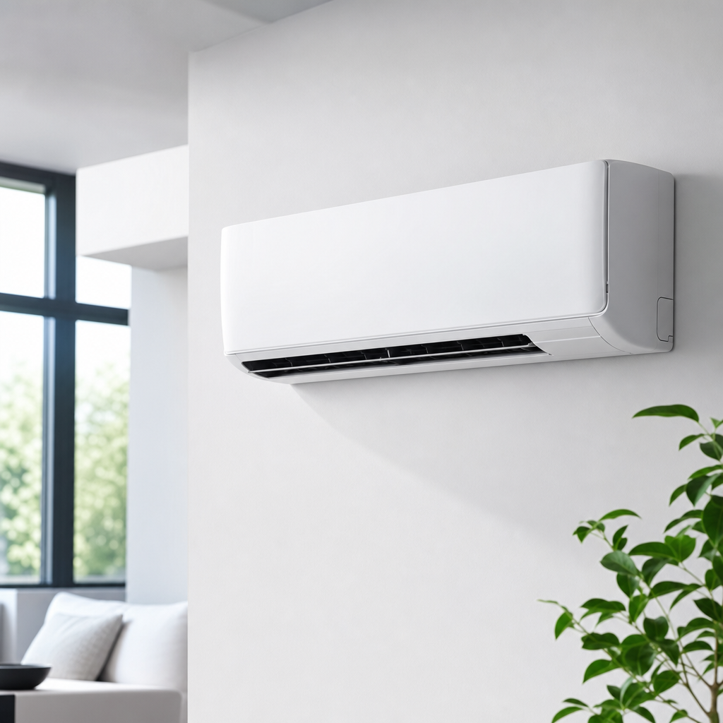 Wall-mounted white split air conditioner indoor unit in bright interior