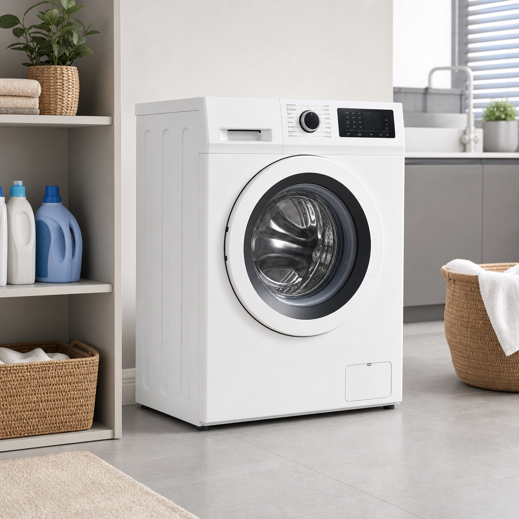 Front-load white household washing machine with digital control panel