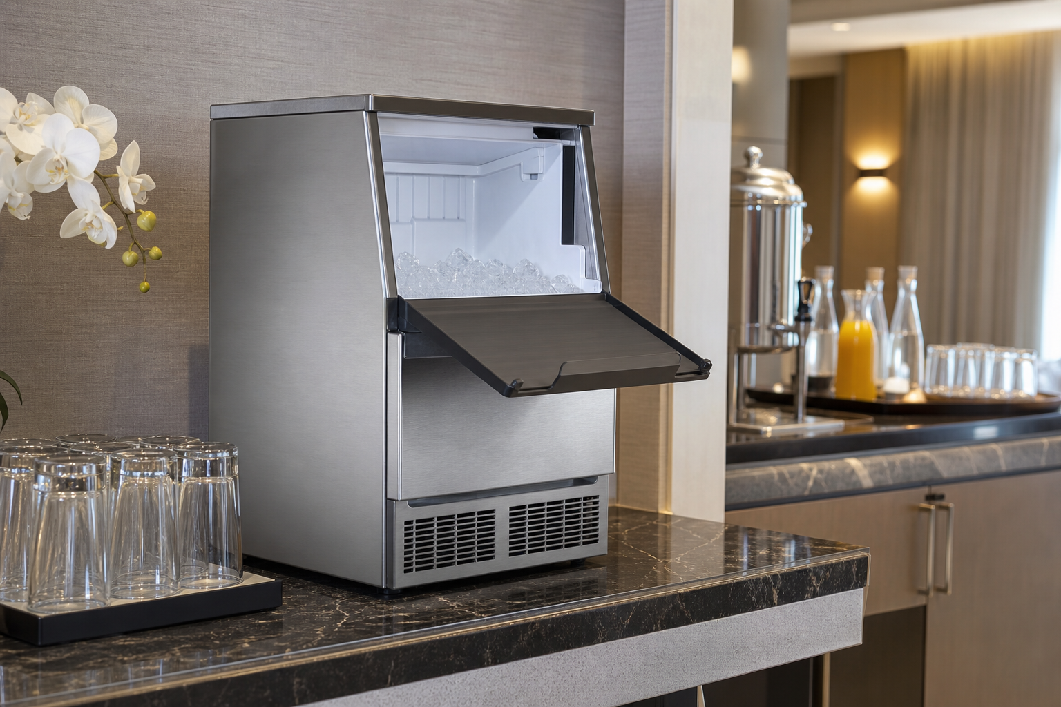 Standalone commercial ice maker installed in a hotel beverage station