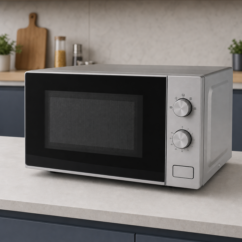 Compact countertop microwave oven with black glass door and digital control panel