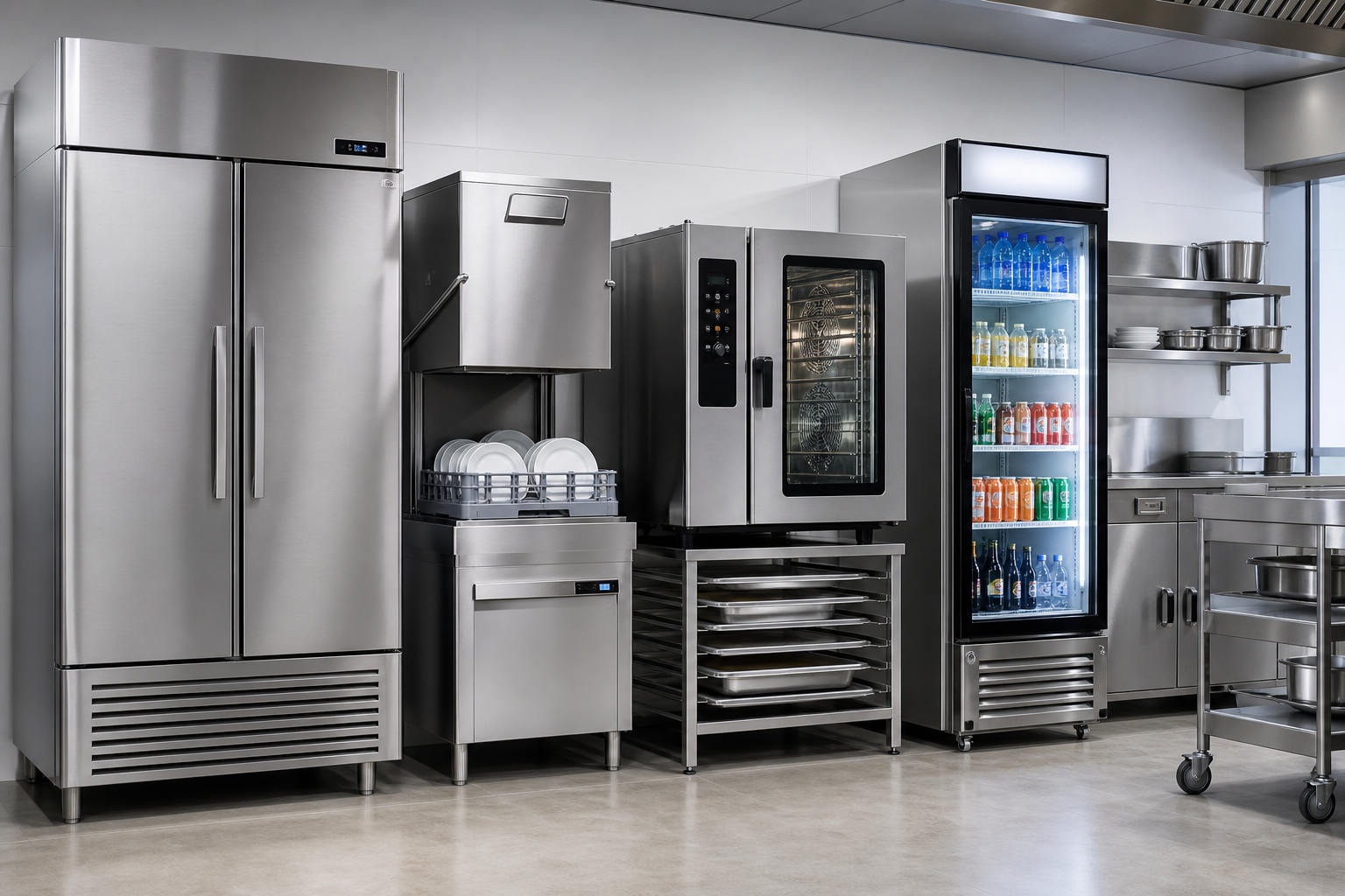 Realistic commercial appliance setup with stainless steel kitchen and utility equipment for hospitality and facility operations