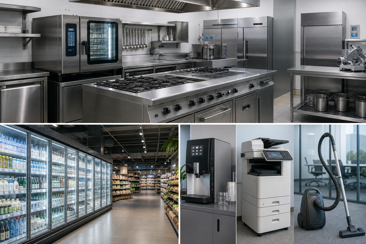Collage of commercial appliance displays and operational business-use equipment in retail and hospitality contexts
