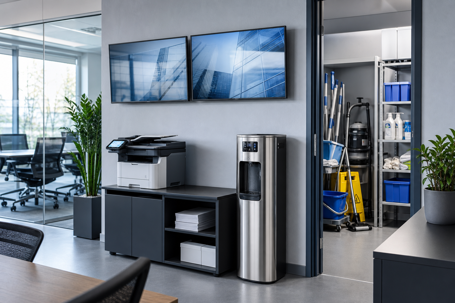 Modern office and commercial workspace with display screens, printer station, and water dispenser in a clean professional environment