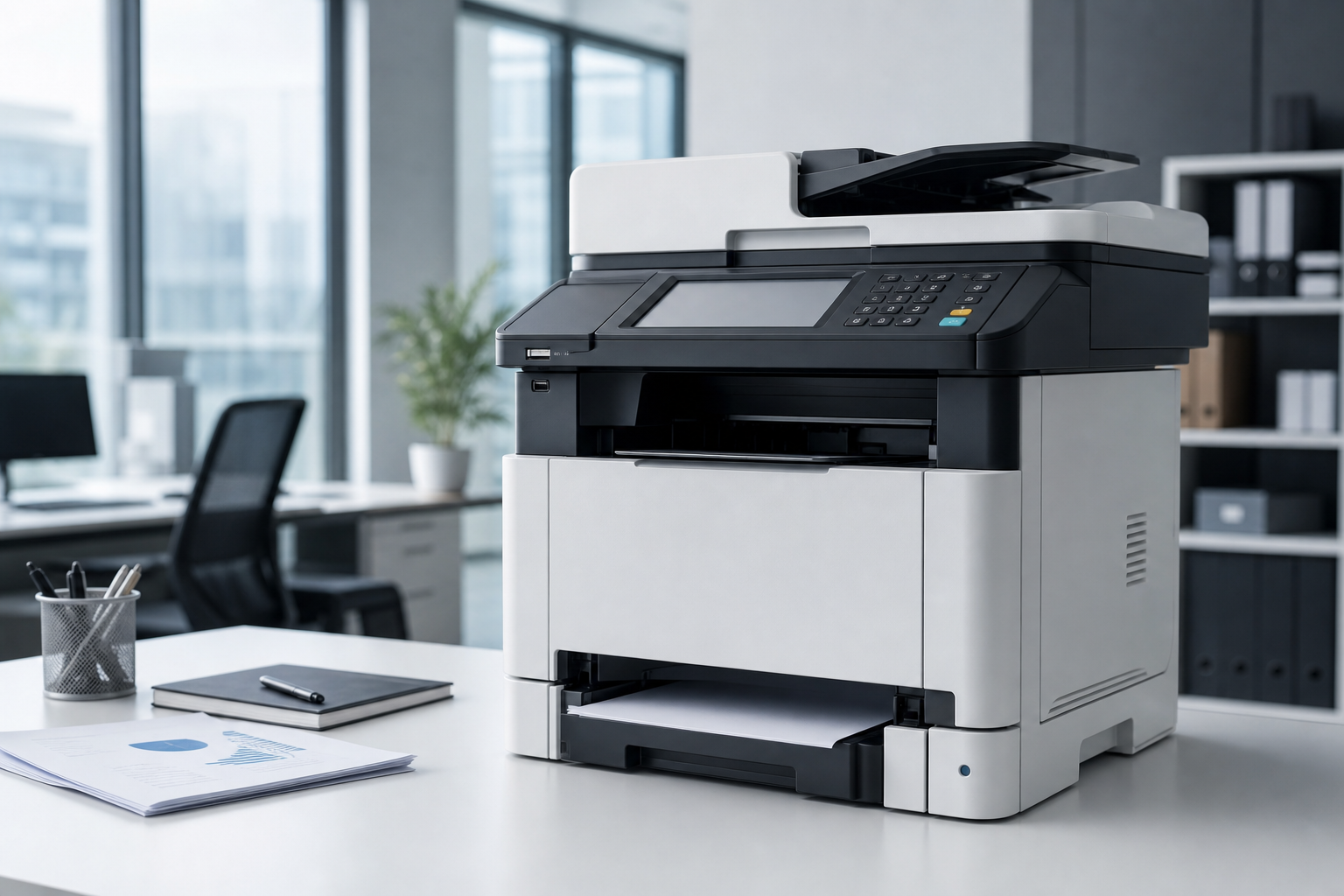 Business multifunction printer in a clean office workspace