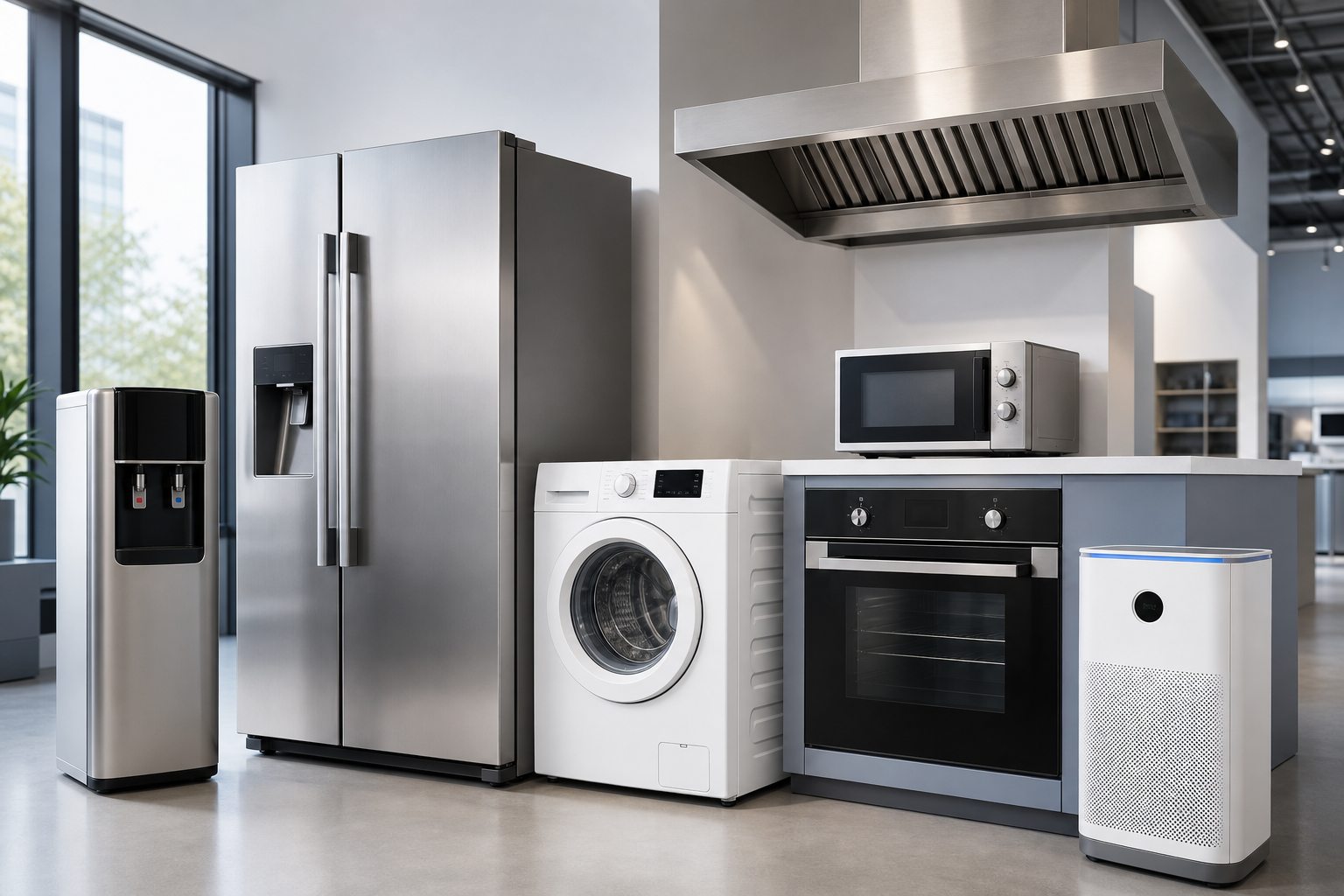 Realistic collage of household and commercial electric appliances including refrigerators, small kitchen units, ventilation devices, and office equipment in a clean showroom composition