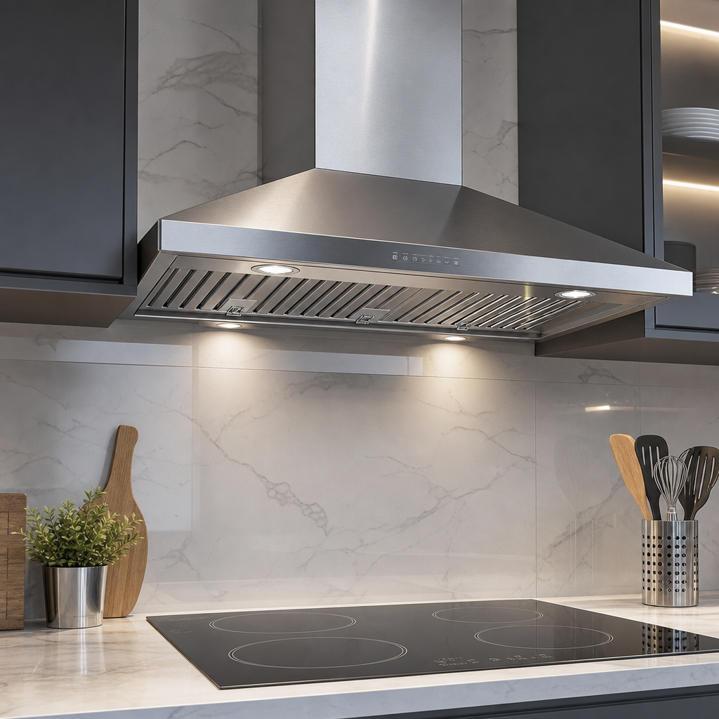 Stainless steel wall-mounted kitchen range hood above modern cooktop