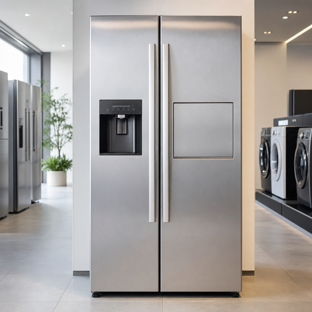 Stainless steel double-door refrigerator in a clean showroom