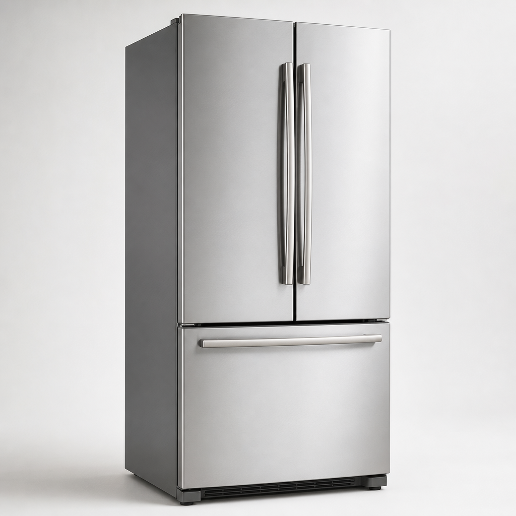Tall stainless steel refrigerator with double doors and bottom freezer in a clean studio setting