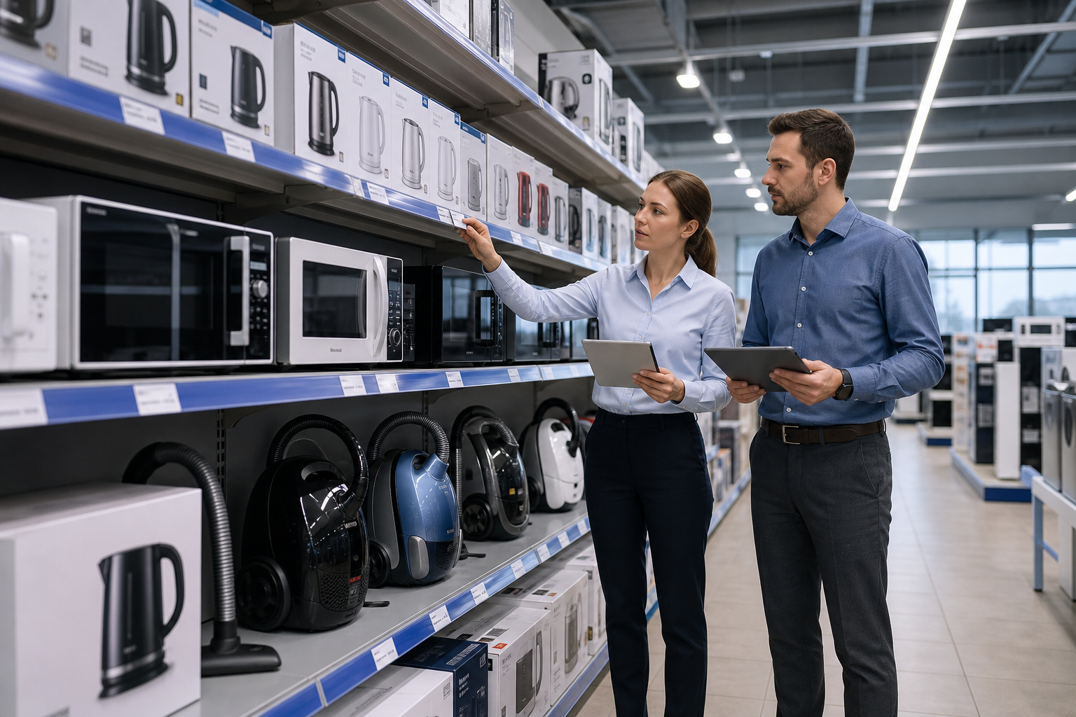 Retail supply planning with modern supermarket appliance aisle and merchandising team