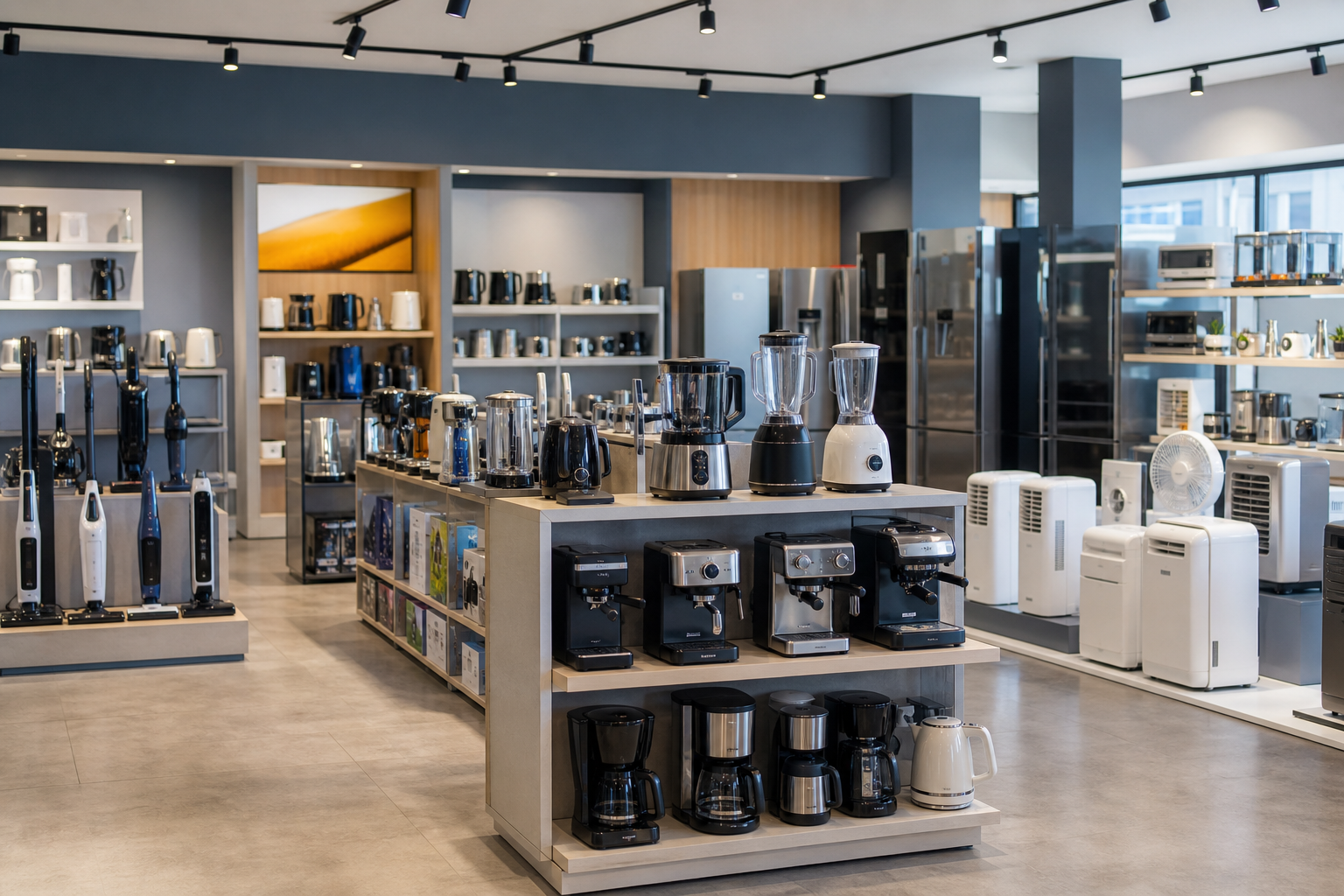 Organized retail appliance display with varied product categories in a modern store