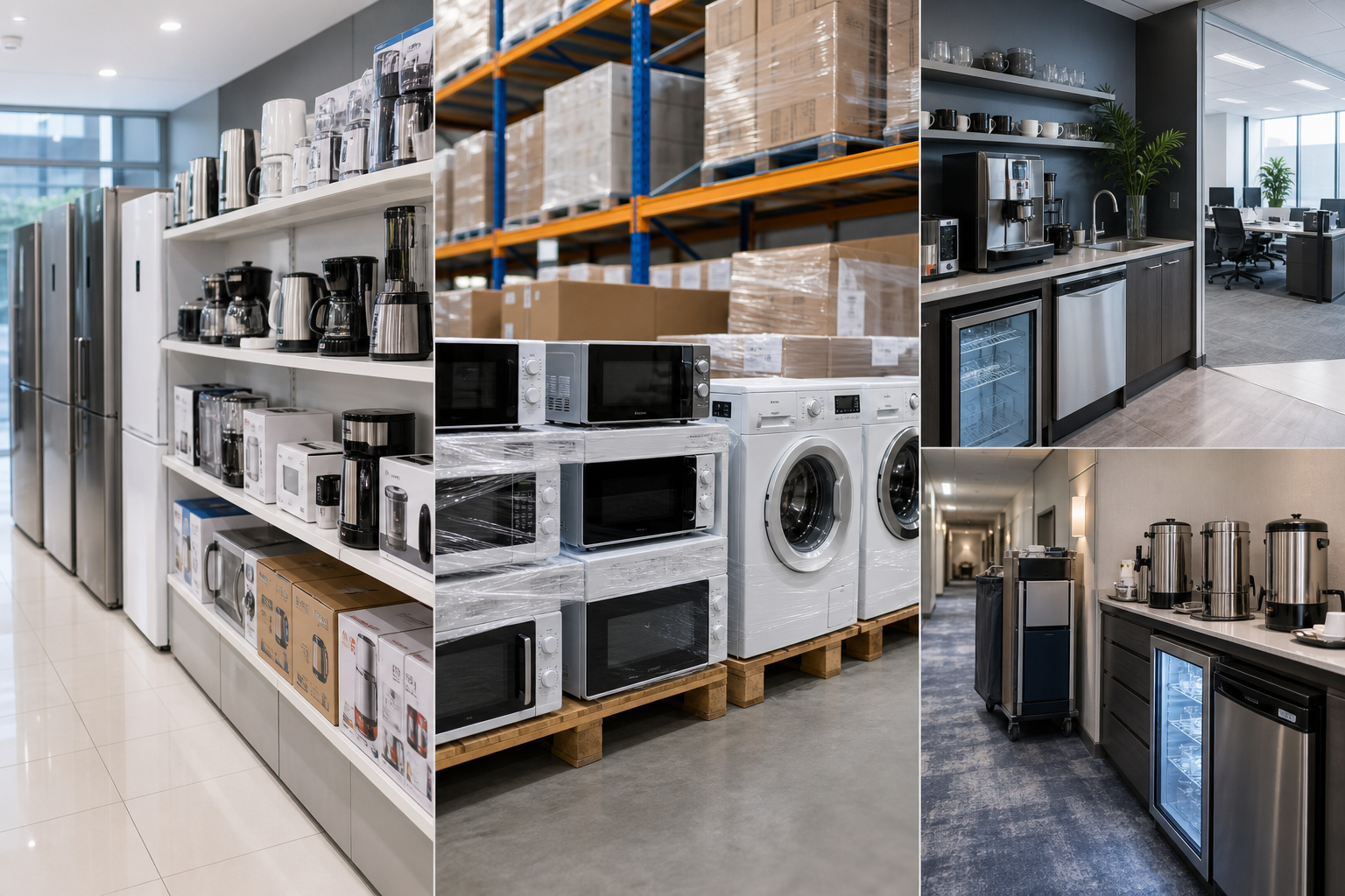 Business-use appliance contexts across retail, warehouse wholesale, office pantry, and hotel service areas