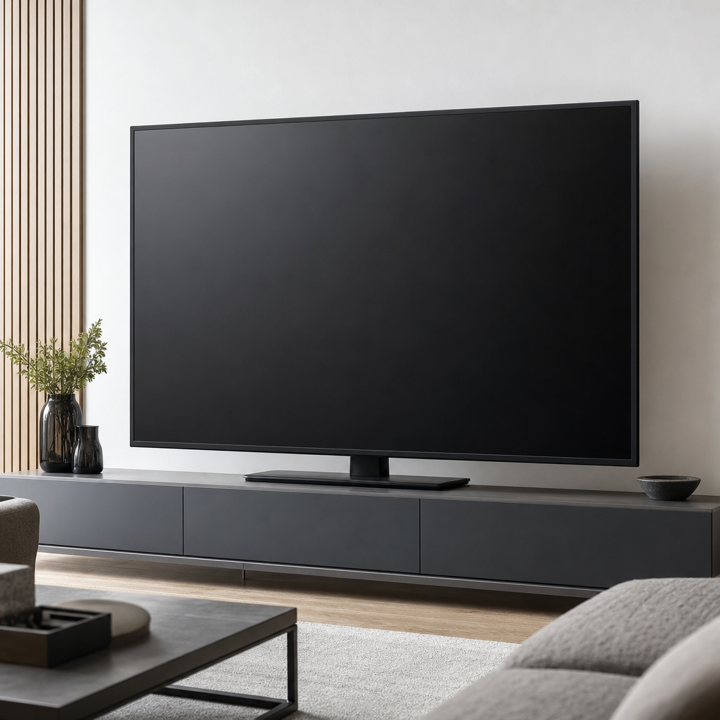 Large flat-screen television on a minimal stand