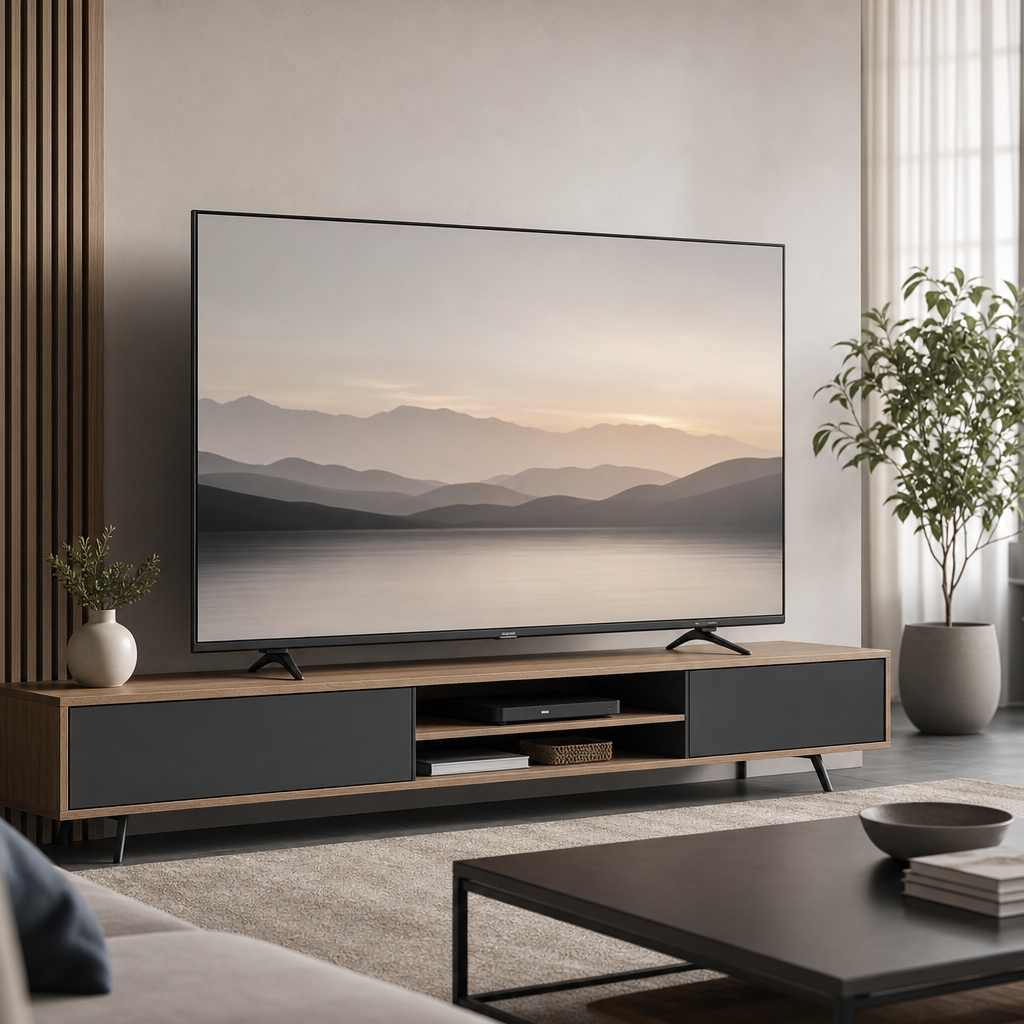 Large flat-screen television with ultra-thin bezels displayed on minimalist media console