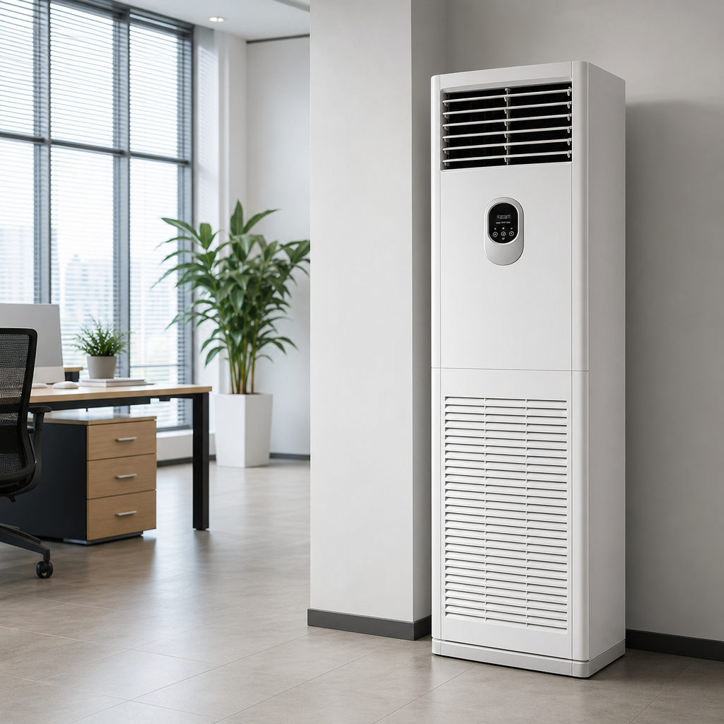 White upright floor-standing air conditioner unit in an office space