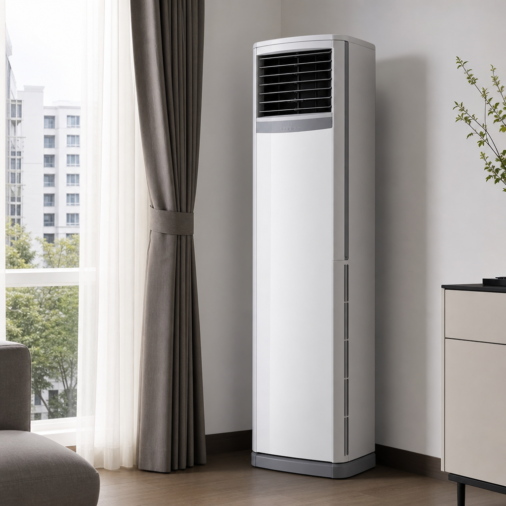 Slim upright floor standing air conditioner in matte white finish on plain background