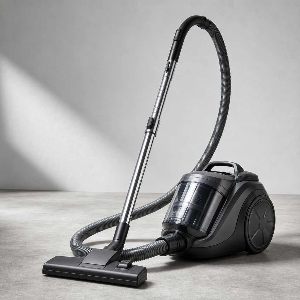 Canister vacuum cleaner in dark graphite color with hose and floor head on plain backdrop