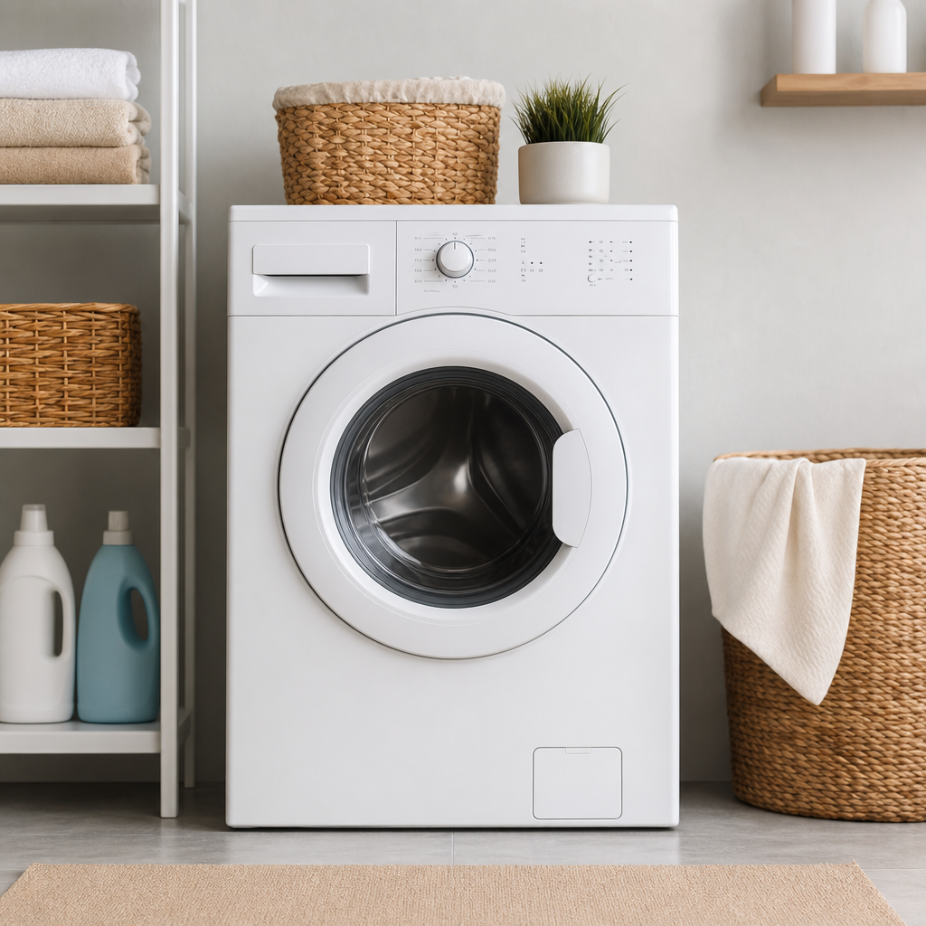 Front-load washing machine with white body and transparent circular door