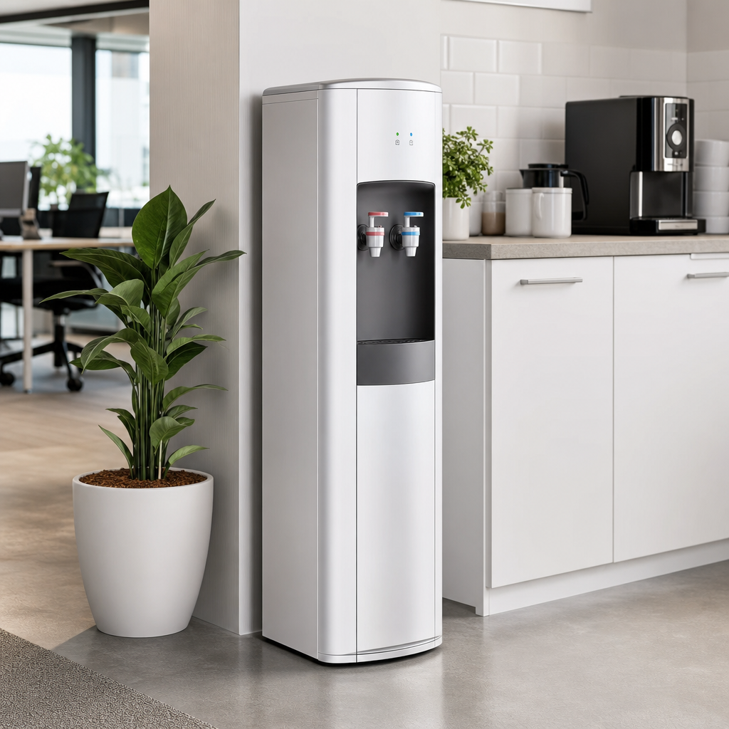 Freestanding water dispenser with cold and hot taps in an office setting