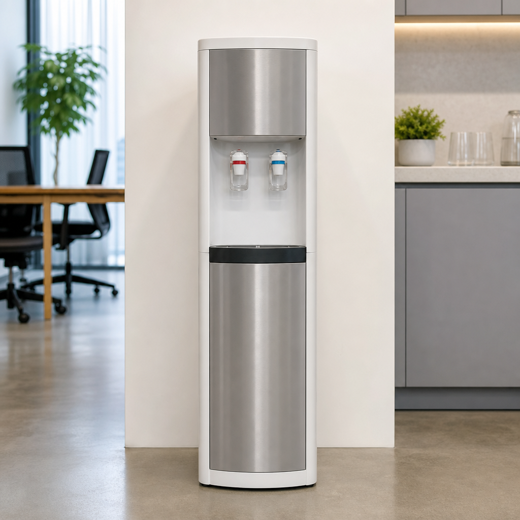 Freestanding white and silver water dispenser with two taps in clean office corner