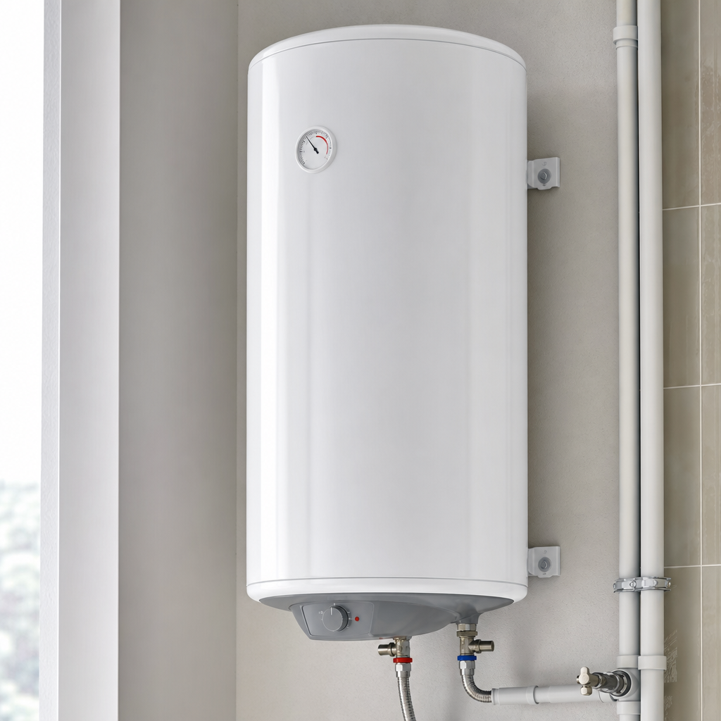 Modern vertical water heater tank installed on a utility room wall