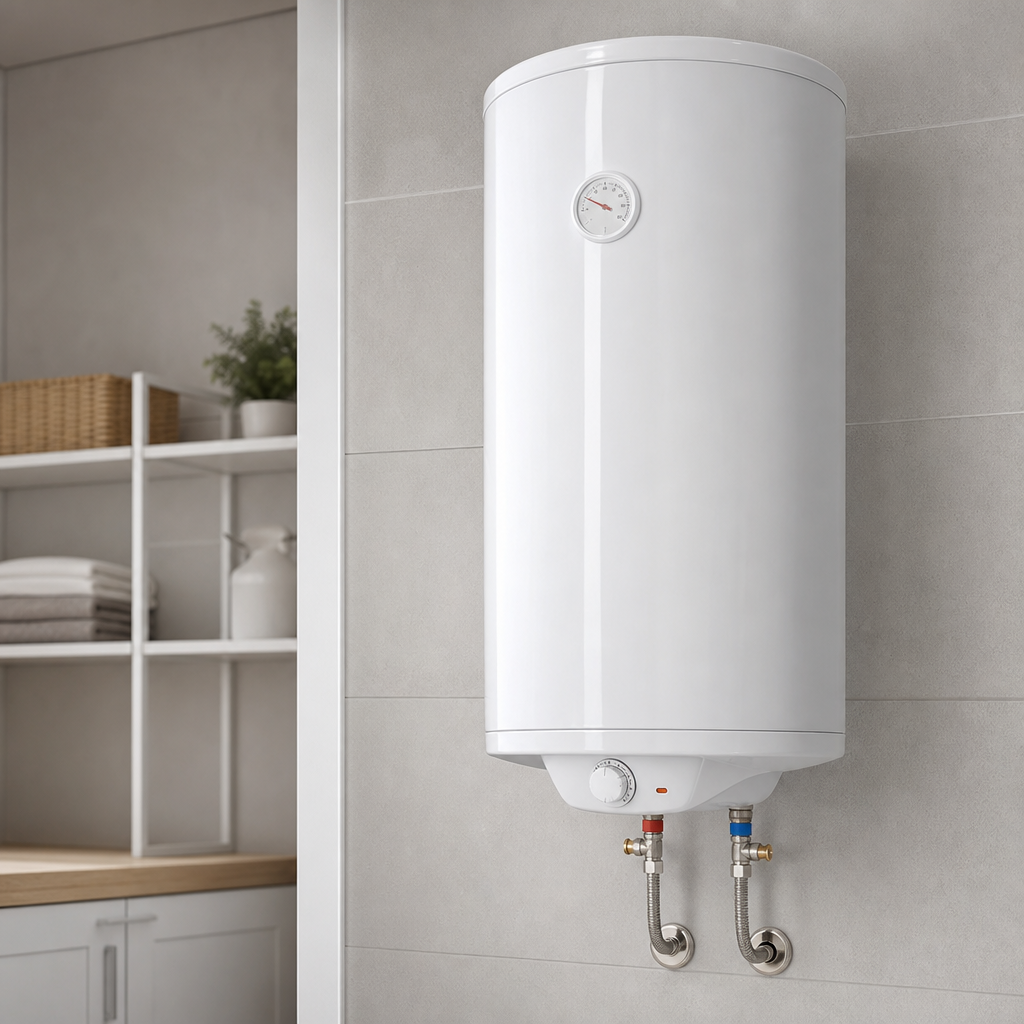 Vertical cylindrical electric water heater mounted against light tiled wall