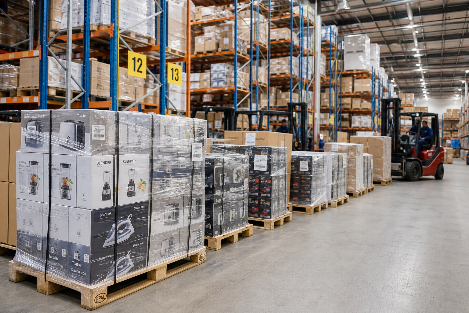 Wholesale distribution warehouse with palletized small appliances ready for shipment