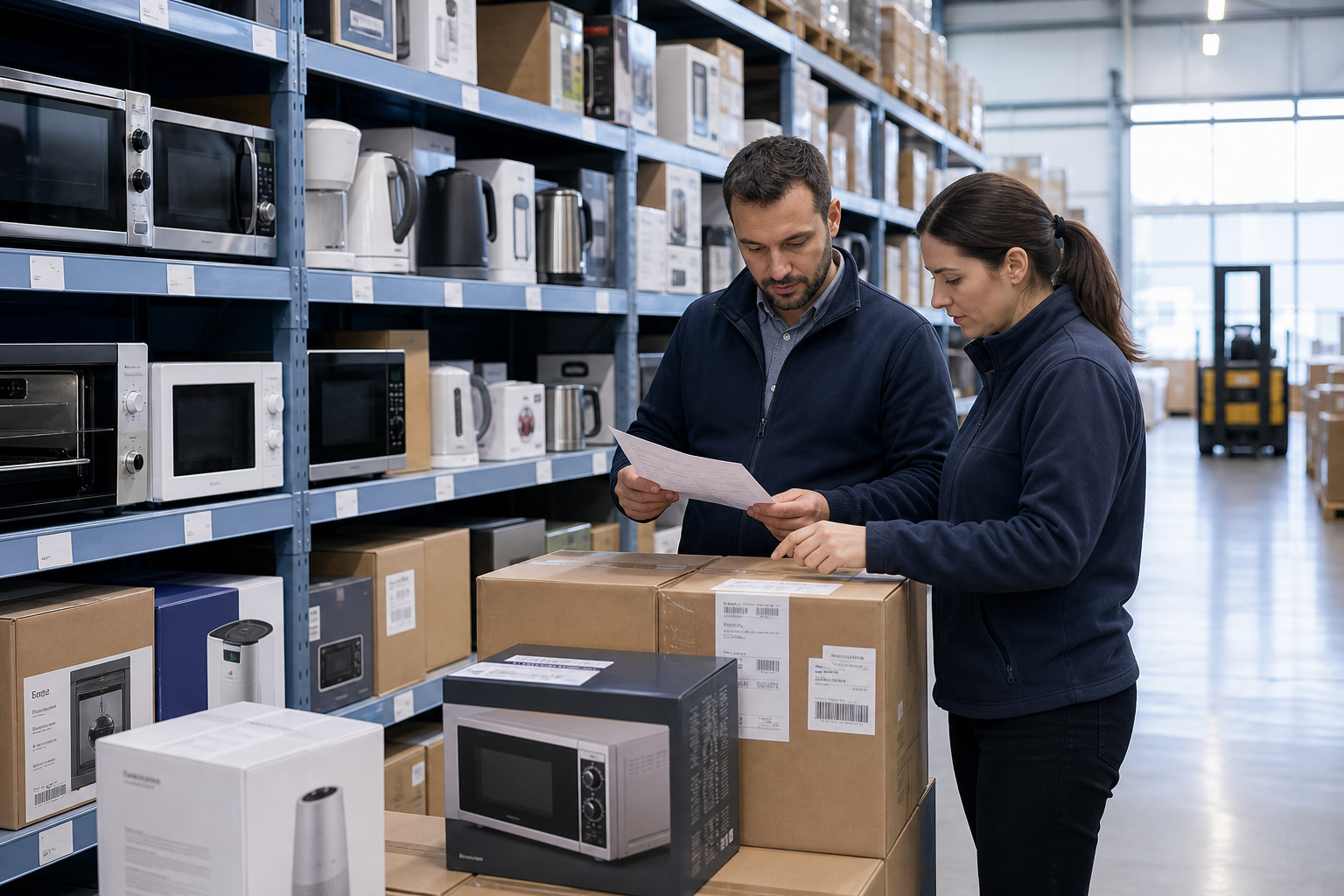 Wholesale distribution warehouse aisle with stacked electric appliances and a team preparing repeat B2B shipments