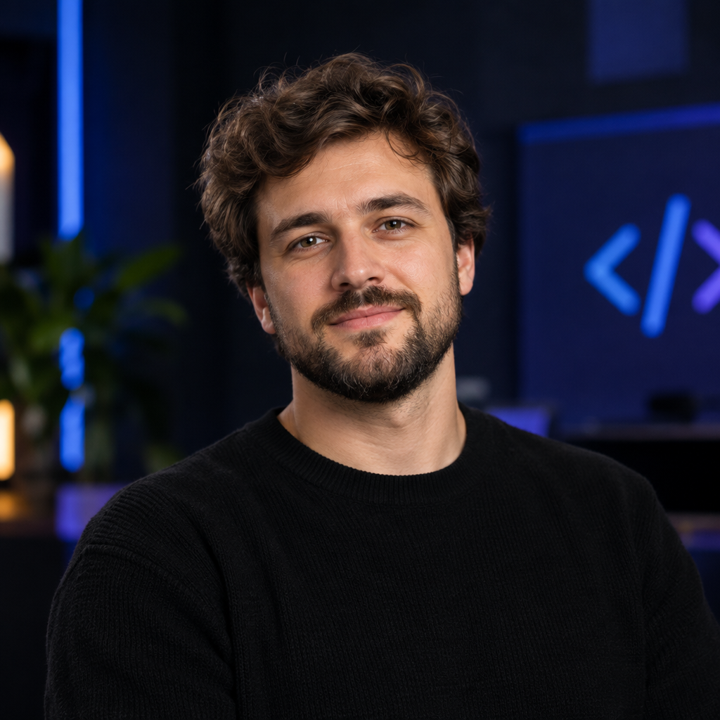 Danylo Petrenko, a Ukrainian man with wavy brown hair and a neatly trimmed beard wearing a black knit shirt, photographed as a conference speaker