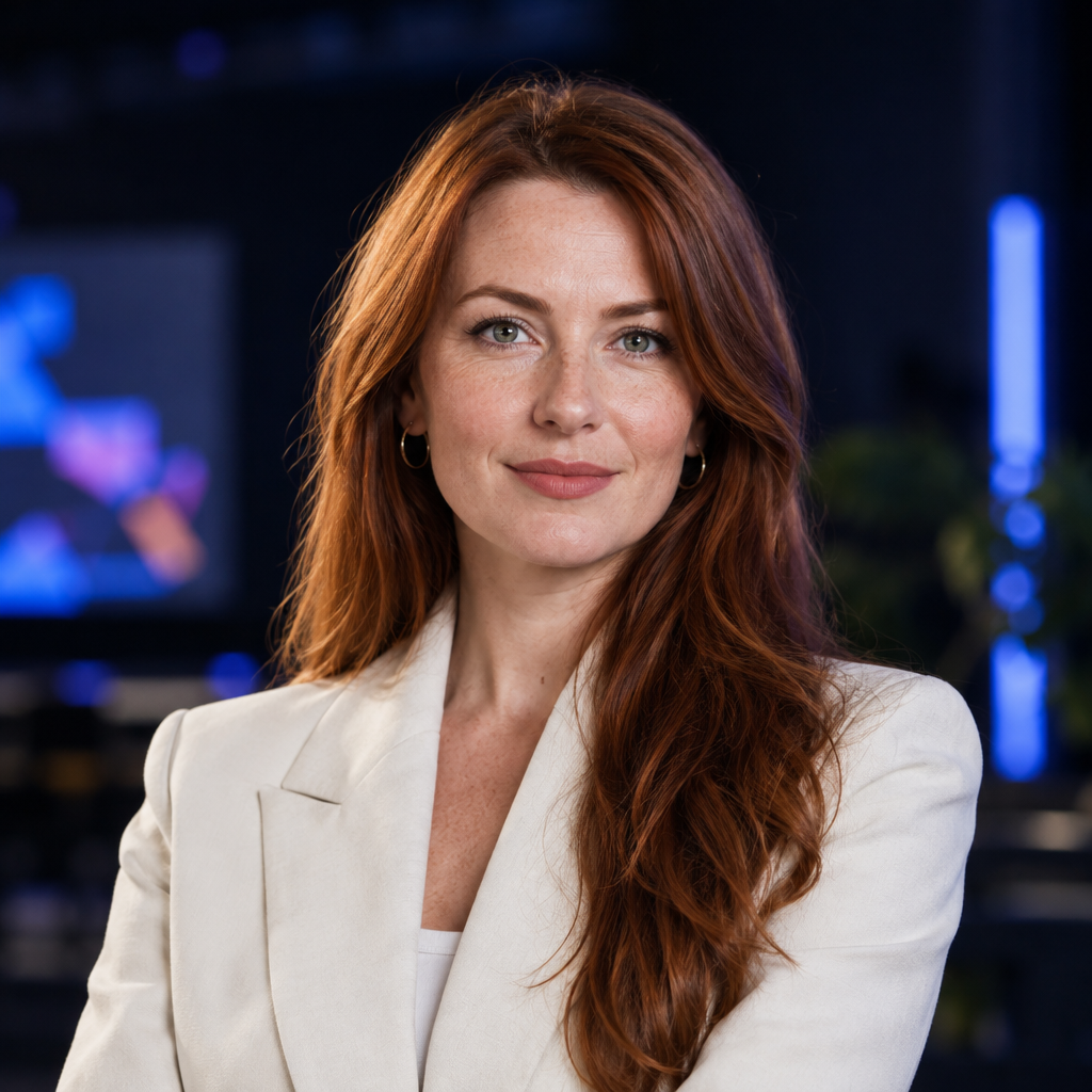 Iryna Savchuk, a Ukrainian woman with long auburn hair wearing a structured cream jacket, photographed as a conference speaker